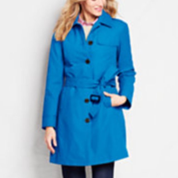 LANDS' END Sz S TALL Women's Belted Blue Trench Coat Single-Breasted Epaulets - Picture 1 of 9